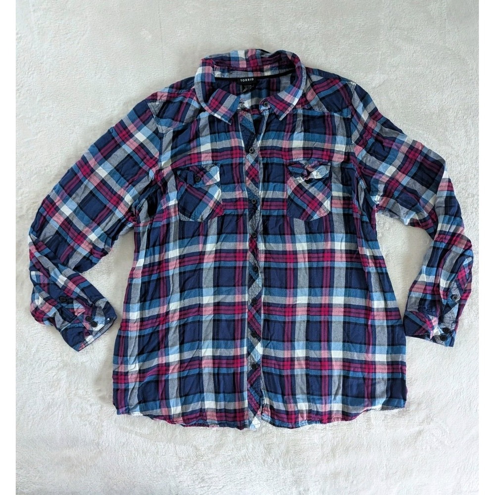 Torrid Button Up Shirt Blue Pink Plaid Long Sleeve Top Sz 3X Cabincore Cozy